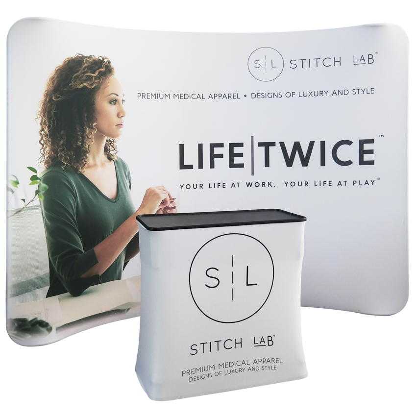 10ft Curved Tension Fabric Display with Case to Podium